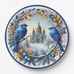 Taj Mahal Bluebirds Winter Berries Paper Plate