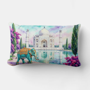 Taj Mahal & Elephant Watercolor Lumbar Pillow