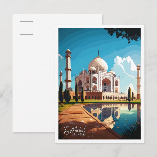 Taj Mahal India Art Vintage Travel Illustration Postcard (Front/Back)