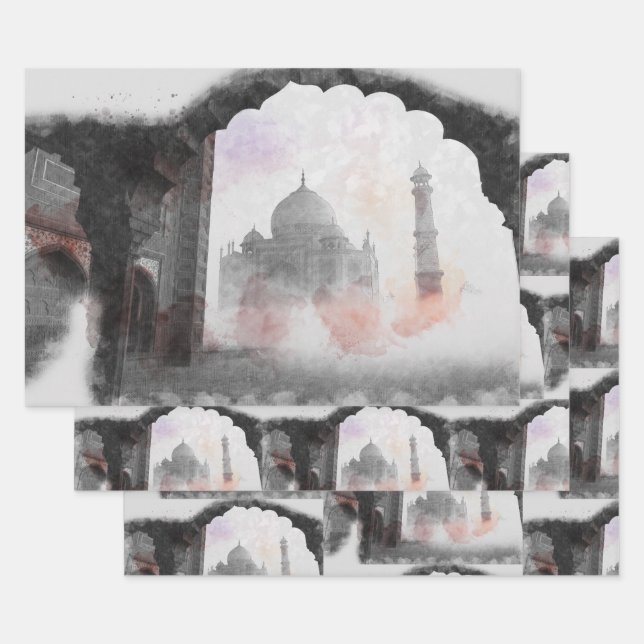 Taj Mahal Postcard Vintage Travel Wrapping Paper Sheet (Set)