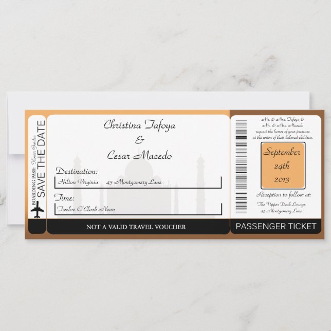 Taj Mahal Sunset Boarding Pass Wedding Invitation (Front)