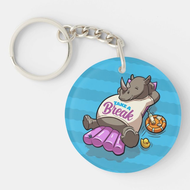 Take A Break Funny Relaxed Rhino Poolside Cartoon Keychain (Front)