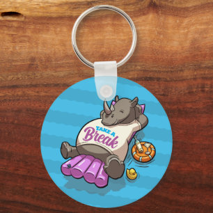 Take A Break Funny Relaxed Rhino Poolside Cartoon Keychain
