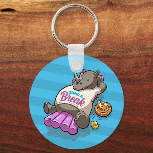 Take A Break Funny Relaxed Rhino Poolside Cartoon Keychain (Front)