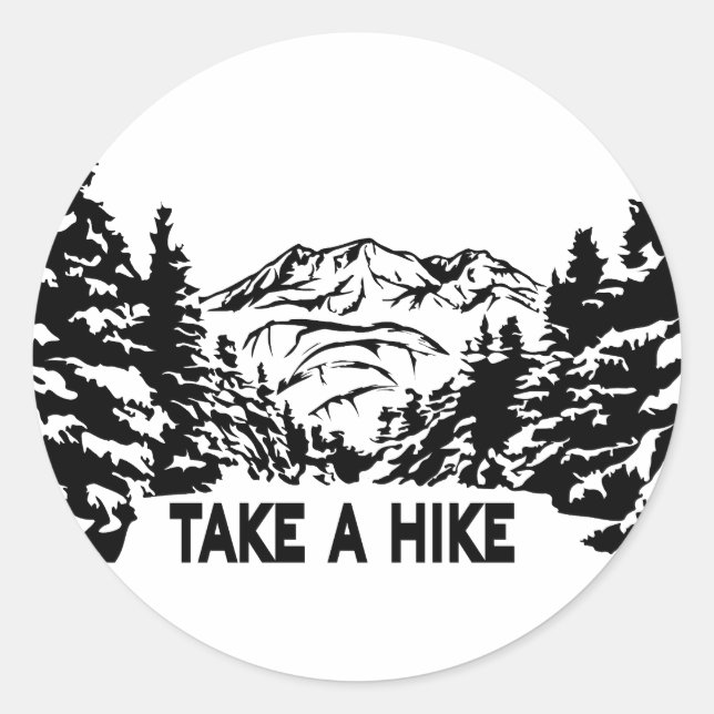 Take a Hike quote monochrome mountain landscape Classic Round Sticker (Front)