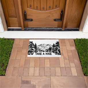 Take a Hike quote monochrome mountain landscape Doormat