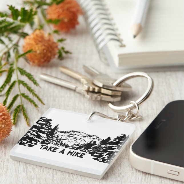 Take a Hike quote monochrome mountain landscape Keychain (Front Right)