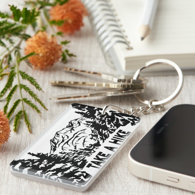 Take a Hike quote monochrome mountain landscape Keychain (Front Right)