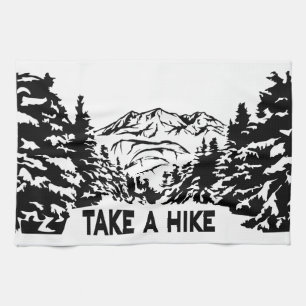 Take a Hike quote monochrome mountain landscape Kitchen Towel