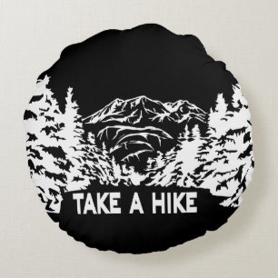 Take a Hike quote monochrome mountain landscape Round Pillow