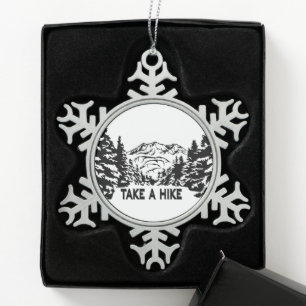 Take a Hike quote monochrome mountain landscape Snowflake Pewter Christmas Ornament