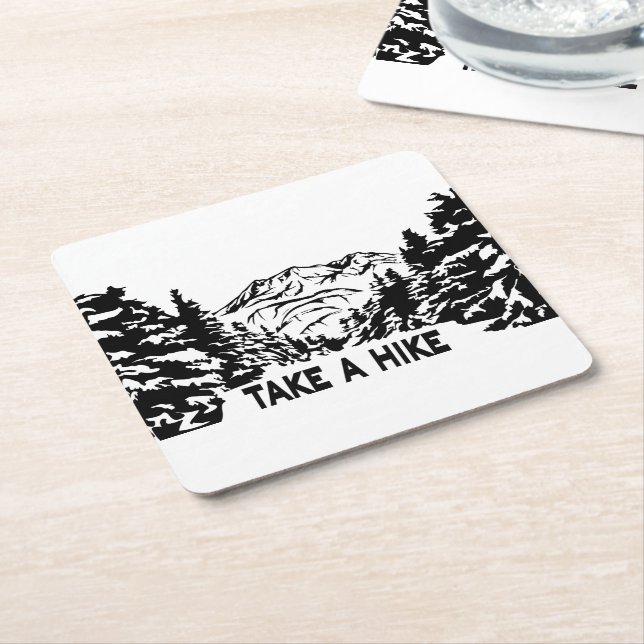 Take a Hike quote monochrome mountain landscape Square Paper Coaster (Angled)