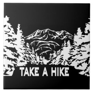 Take a Hike quote monochrome mountain landscape Tile