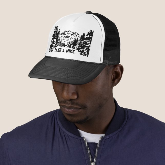 Take a Hike quote monochrome mountain landscape Trucker Hat (In Situ)