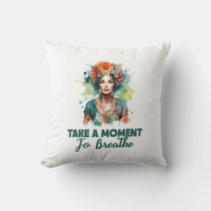 Take a Moment to Breathe Zen Flowers Yoga Girl Throw Pillow