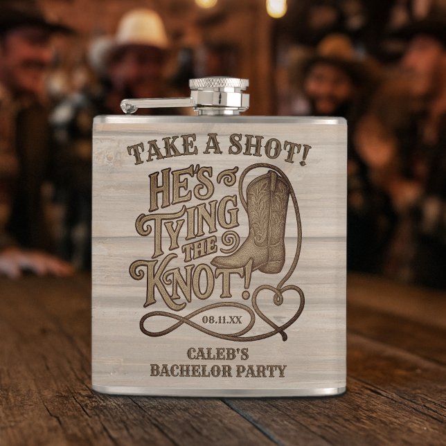 Take a Shot Tying the Knot Cowboy Bachelor Party Hip Flask (Creator Uploaded)