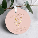 Take A Shot We Tied The Knot Blush Gold Wedding Favour Tags<br><div class="desc">A fun blush pink gift tag for shot glass,  liquor or espresso wedding favours with "Take a Shot,  We Tied the Knot" in simple gold typography (you can personalize to different text),  two gold hearts joined together in the middle and your first names and wedding date.</div>