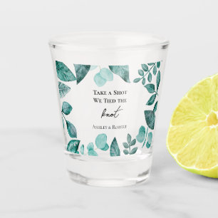 Take a Shot We Tied the Knot Wedding Teal Greenery Glass