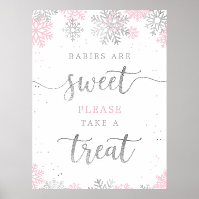 Take A Treat Pink Silver Winter Baby Shower Poster (Front)