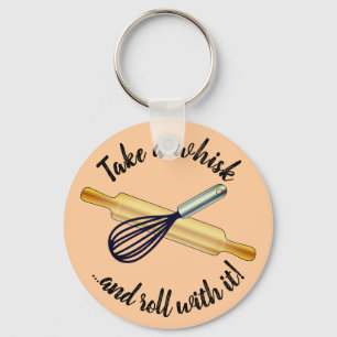 "Take a whisk" whisk and rolling pin baker's crest Keychain