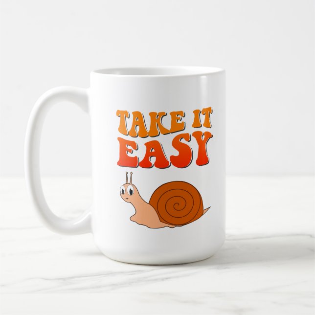 Take It Easy Cute Cartoon Snail Groovy Text Coffee Mug (Left)