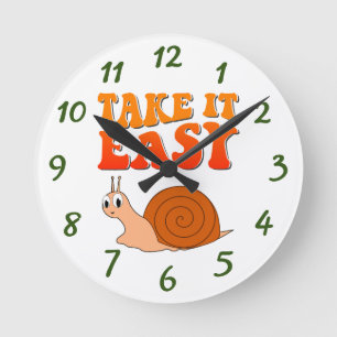 Take It Easy Cute Cartoon Snail Groovy Text Round Clock