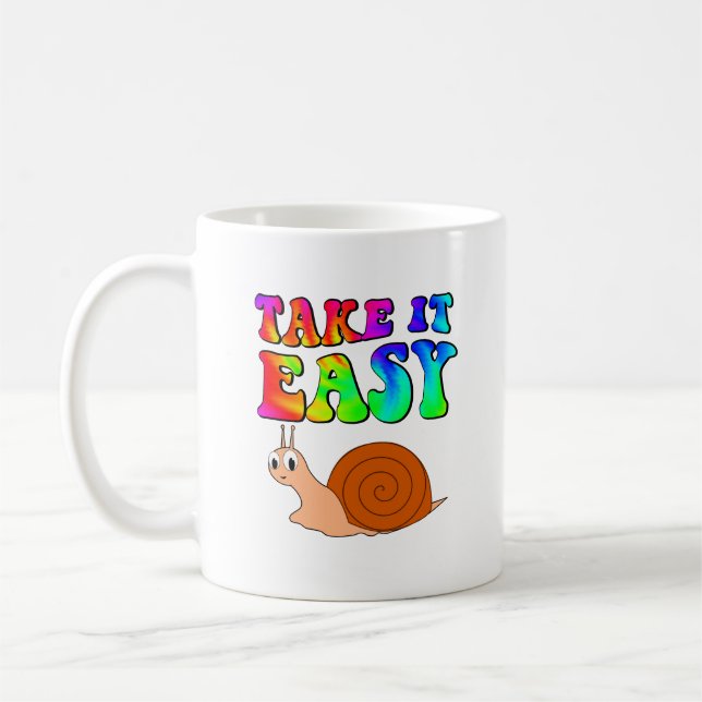 Take It Easy Cute Cartoon Snail With Groovy Text Coffee Mug (Left)