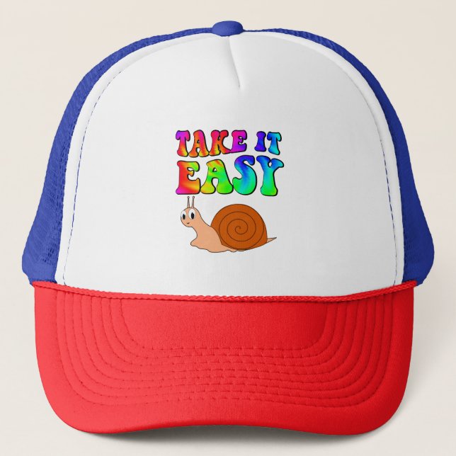 Take It Easy Cute Cartoon Snail With Groovy Text Trucker Hat (Front)