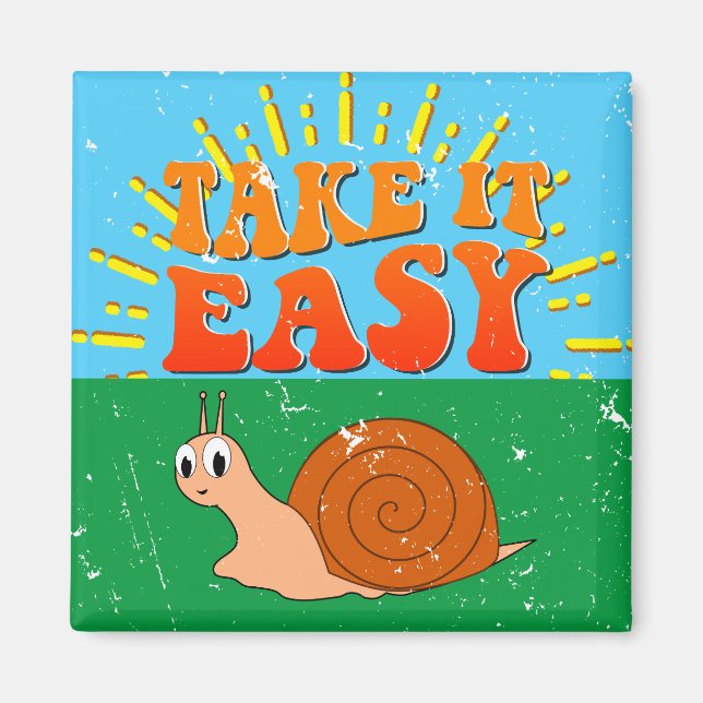 Take It Easy Cute Snail Sunburst Distressed Magnet (Front)