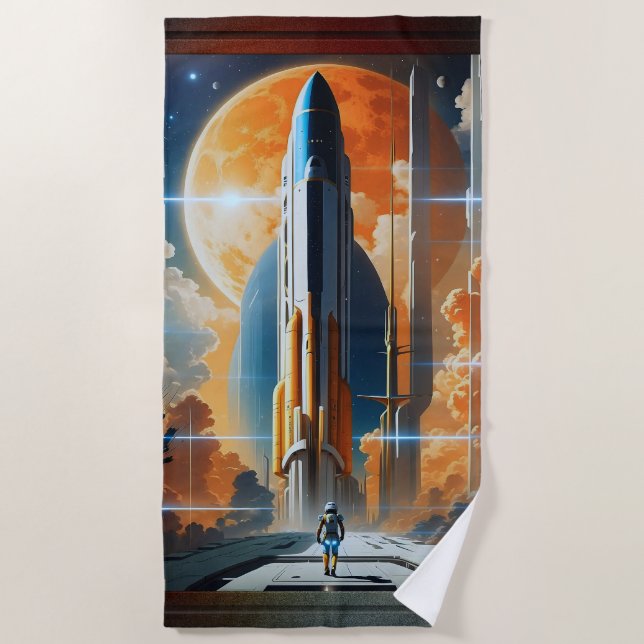 Take Lunar Launch - Journey To Moon Retro Poster Beach Towel (Front)