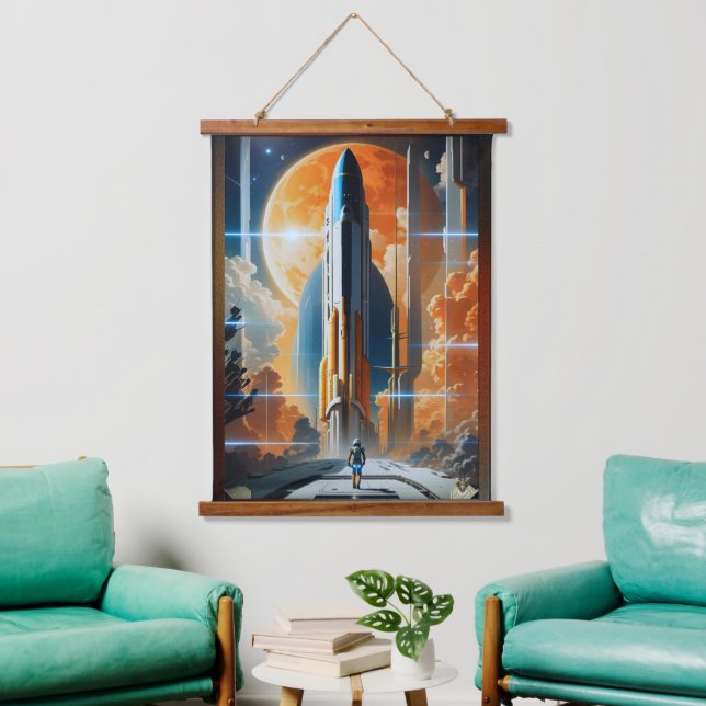 Take Lunar Launch - Journey To Moon Retro Poster Hanging Tapestry (Living Room)