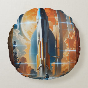 Take Lunar Launch - Journey To Moon Retro Poster Round Pillow