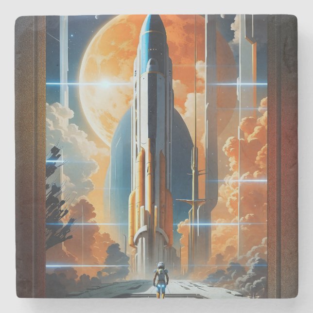Take Lunar Launch - Journey To Moon Retro Poster Stone Coaster (Front)