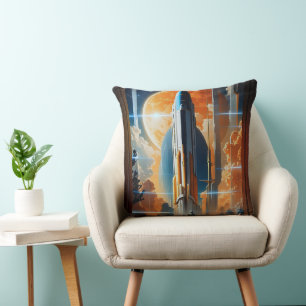 Take Lunar Launch - Journey To Moon Retro Poster Throw Pillow