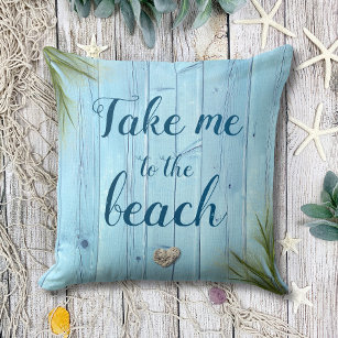 Take Me to Beach Light Blue Coastal Rustic Wood  Throw Pillow