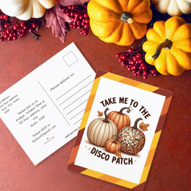 Take me to the Disco Patch border and  pumpkins Invitation Postcard (Take me to the Disco Patch border and pumpkins Invitation Postcard)