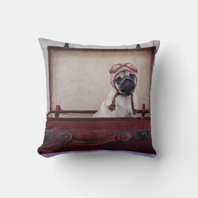 "Take me with you" Pug Puppy Throw Pillow. Throw Pillow (Front)