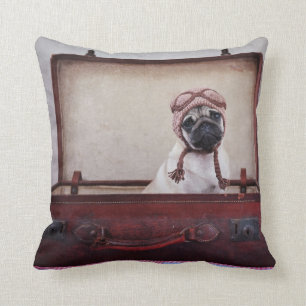 "Take me with you" Pug Puppy Throw Pillow. Throw Pillow