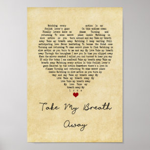 Take My Breath Away Vintage Heart Song Lyric Print