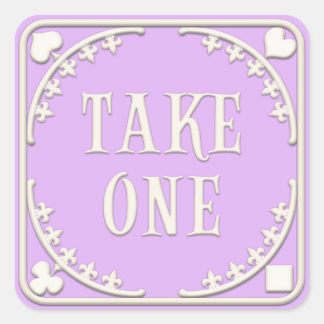 "Take One" Wonderland Tea Party Charming Purple Square Sticker (Front)