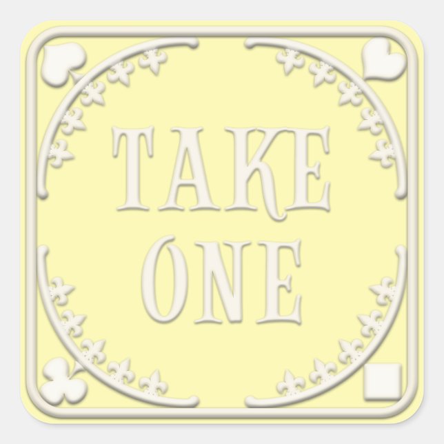 "Take One" Wonderland Tea Party Welcoming Yellow Square Sticker (Front)