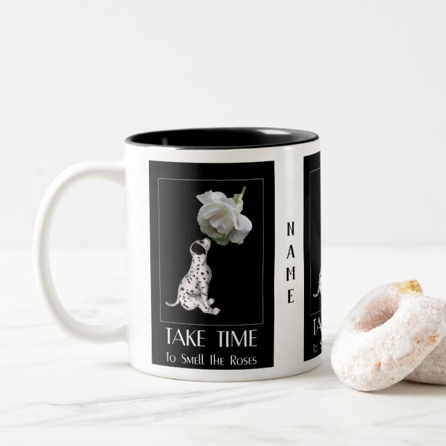 Take Time Puppy And Rose Inspirational Two-Tone Coffee Mug (With Donut)