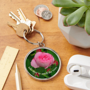 "TAKE TIME TO SMELL THE ROSES" LOVELY PINK ROSE KE KEYCHAIN