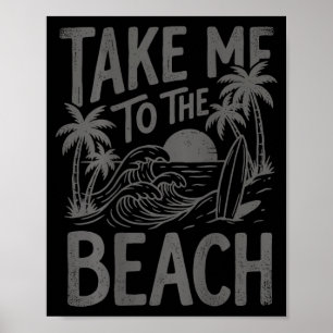 Take to the beach palm tree surf sunset retro poster