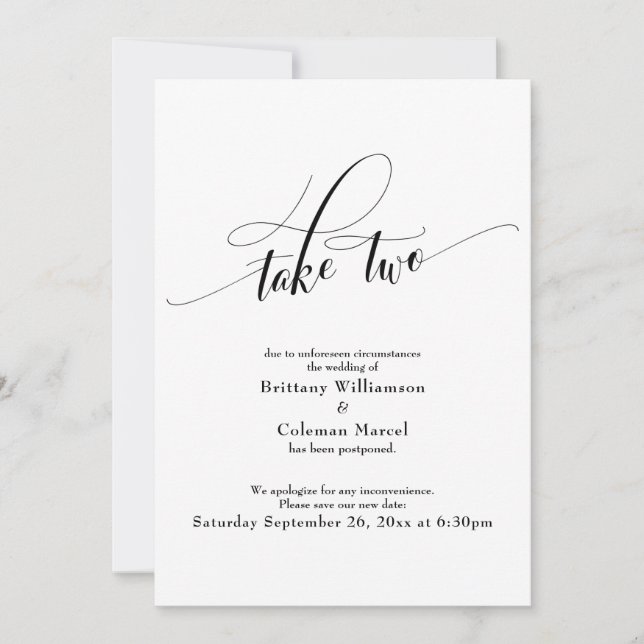Take Two Elegant White Postponed Wedding Card (Front)