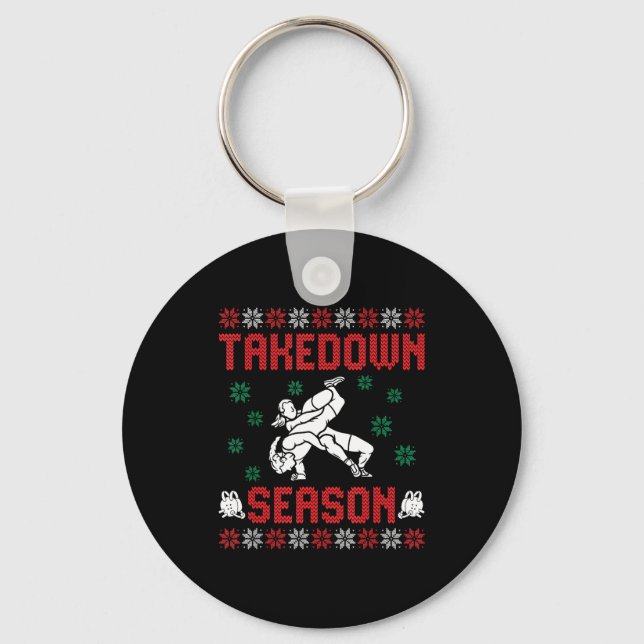 Takedown Season Girls Wrestling Ugly Sweater Chris Keychain (Front)