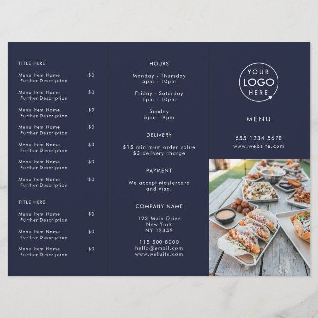 Takeout | Navy Blue Restaurant Photo Takeaway Menu (Front)