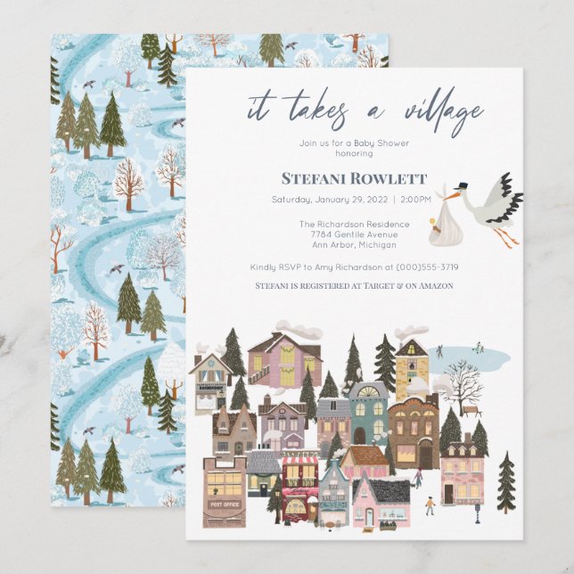 Takes a Village Winter Stork Delivery Baby Shower  Invitation (Front/Back)