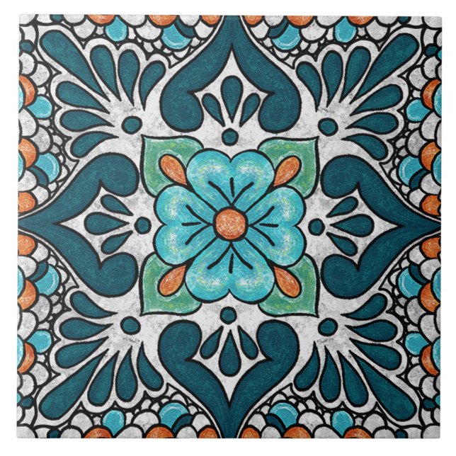 Talavera 06 Teal Blue Green Mediterranean Floral Tile (Front)