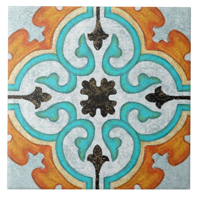 Talavera 09 Orange Grey Aqua Mediterranean Geo Tile (Front)